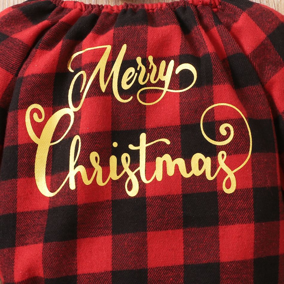 3pcs Baby Christmas Letter Print Long-sleeve Red Plaid Romper and Mesh Tutu Skirt Set Red big image 4