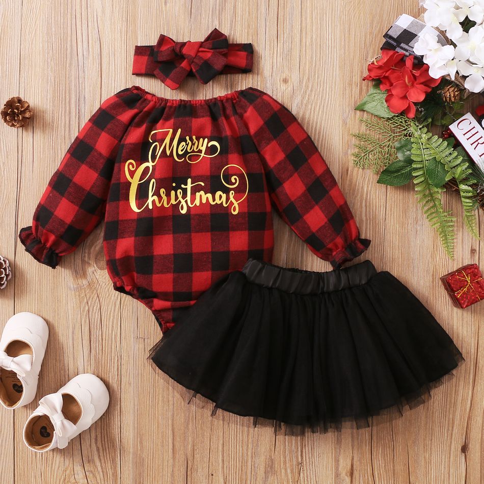 3pcs Baby Christmas Letter Print Long-sleeve Red Plaid Romper and Mesh Tutu Skirt Set Red big image 2
