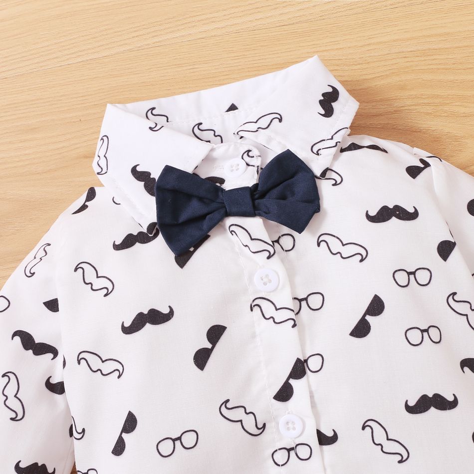 2pcs Baby Boy 95% Cotton Long-sleeve Gentleman Bowtie All Over Mustache Print Romper and Solid Overalls Set Navy