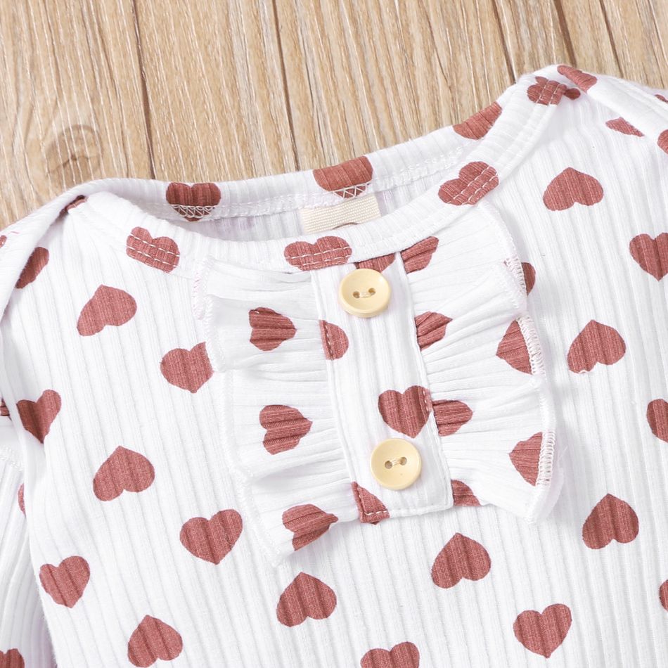 2pcs Cotton All Over Love Heart Print Baby Long-sleeve Ribbed Romper and Pants Set White big image 4