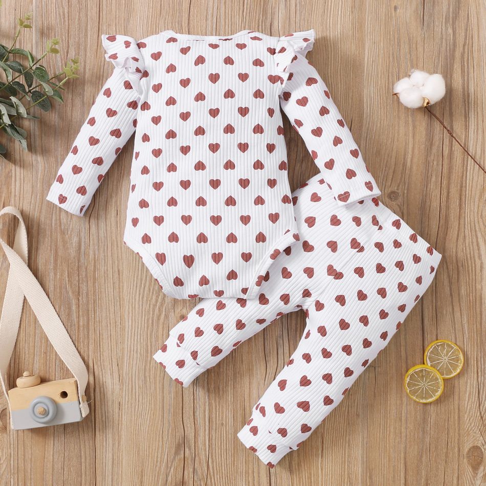 2pcs Cotton All Over Love Heart Print Baby Long-sleeve Ribbed Romper and Pants Set White big image 3