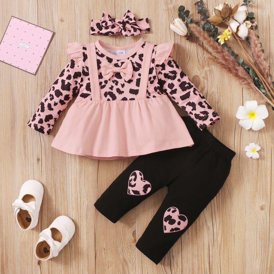 3pcs Baby Leopard Splicing Long-sleeve Cotton Faux-two Top and Trousers Set Pink big image 2