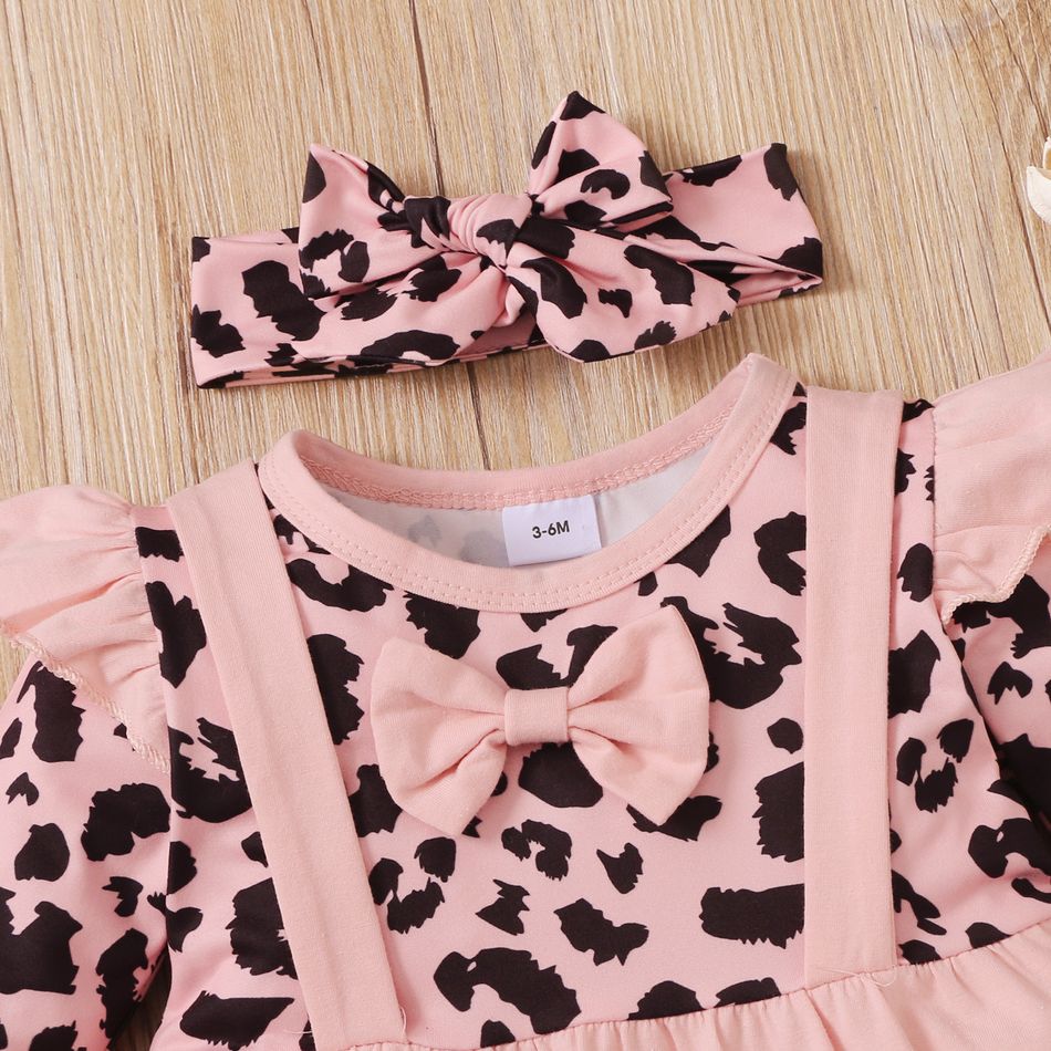 3pcs Baby Leopard Splicing Long-sleeve Cotton Faux-two Top and Trousers Set Pink big image 3
