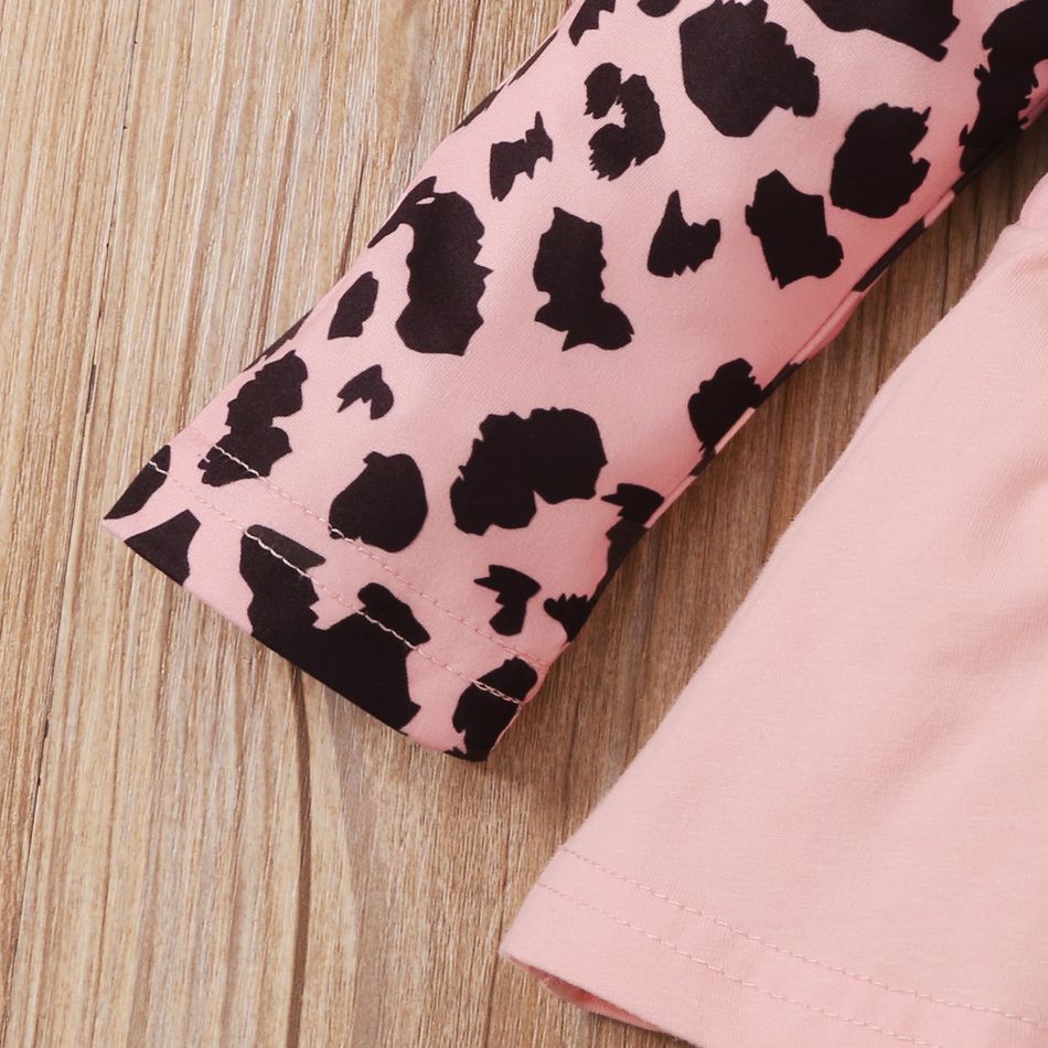 3pcs Baby Leopard Splicing Long-sleeve Cotton Faux-two Top and Trousers Set Pink big image 4