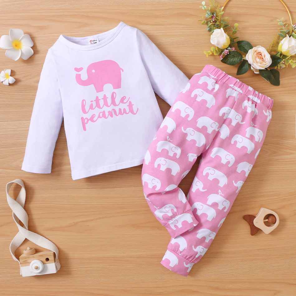 2-piece Toddler Girl Letter Elephant Print Long-sleeve Tee and Pants Set Pink