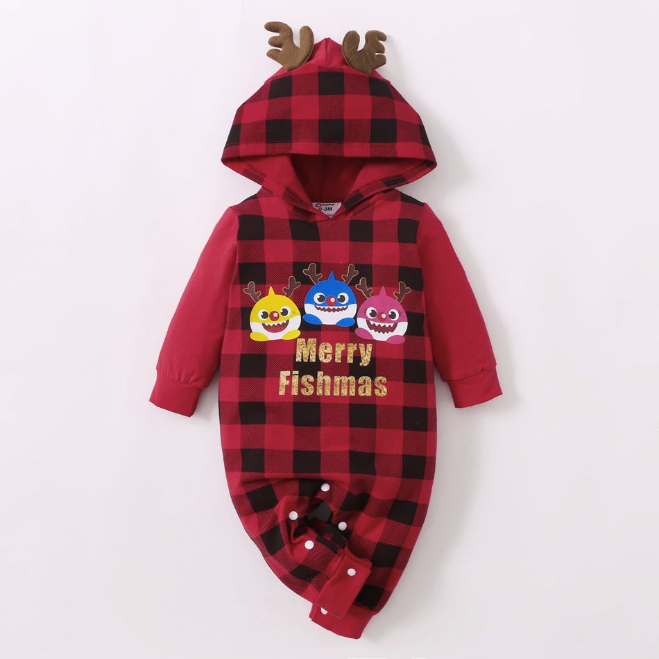 Baby Shark Christmas Cotton Plaid Antlers Jumpsuit for Baby Red big image 3