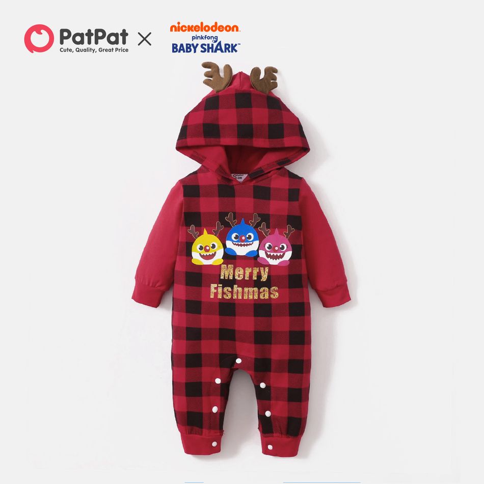 Baby Shark Christmas Cotton Plaid Antlers Jumpsuit for Baby Red big image 1