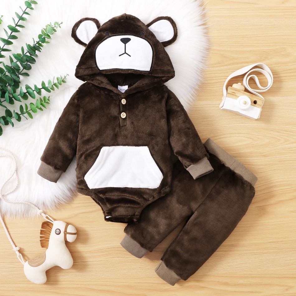 2pcs Baby Cartoon Bear 3D Ears Hooded Long-sleeve Thickened Fleece Romper and Pants Set Khaki