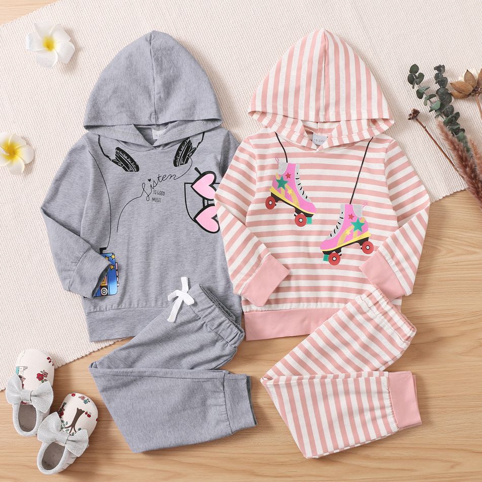 2-piece Toddler Girl Stripe Roller Skate Print/Heart Headphone Print Hoodie and Pants Set Grey