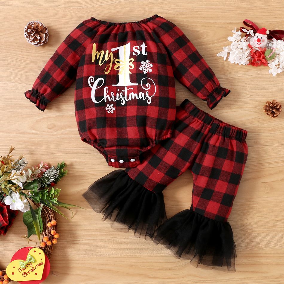 Christmas 2pcs Baby Letter Print Red Plaid Cotton Long-sleeve Romper and Bell Bottom Pants Set Red