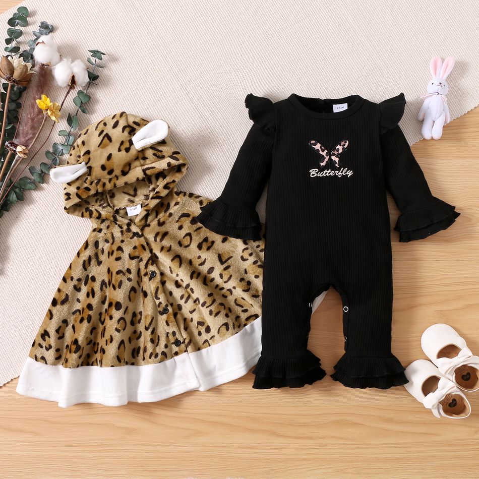 2pcs Baby Leopard Hooded Cloak and Black Cotton Long-sleeve Ruffle Jumpsuit Set Khaki