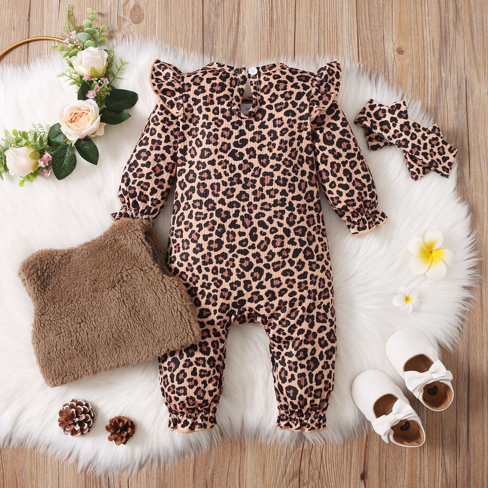 3pcs Baby All Over Leopard Long-sleeve Jumpsuit and Fuzzy Fleece Vest Set Khaki big image 3