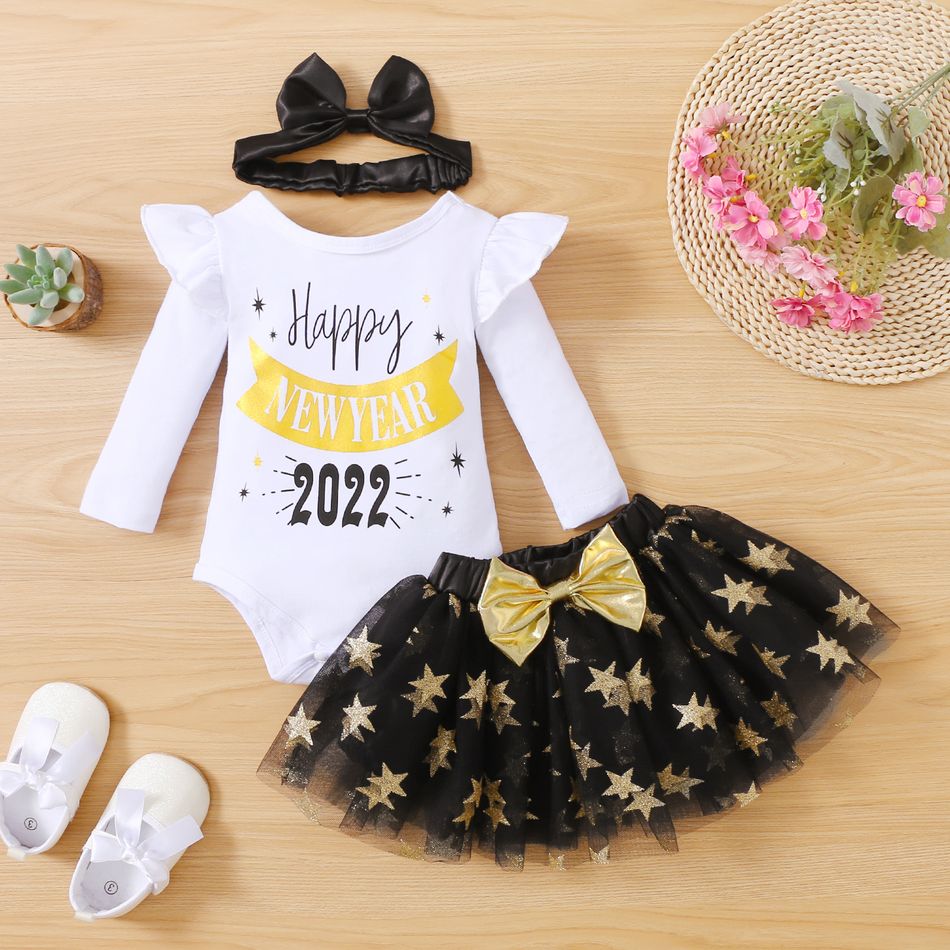New Year 3pcs Baby Girl Letter and Number Print Long-sleeve Romper with Glitter Star Mesh Tutu Skirt Set White