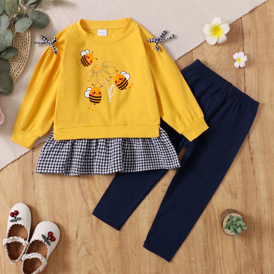 2-piece Toddler Girl Bee Embroidered Splice Plaid Hem Sweatshirt and Dark Blue Pants Set Yellow