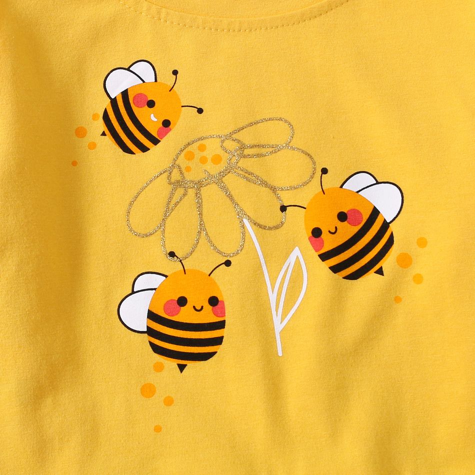 2-piece Toddler Girl Bee Embroidered Splice Plaid Hem Sweatshirt and Dark Blue Pants Set Yellow big image 3