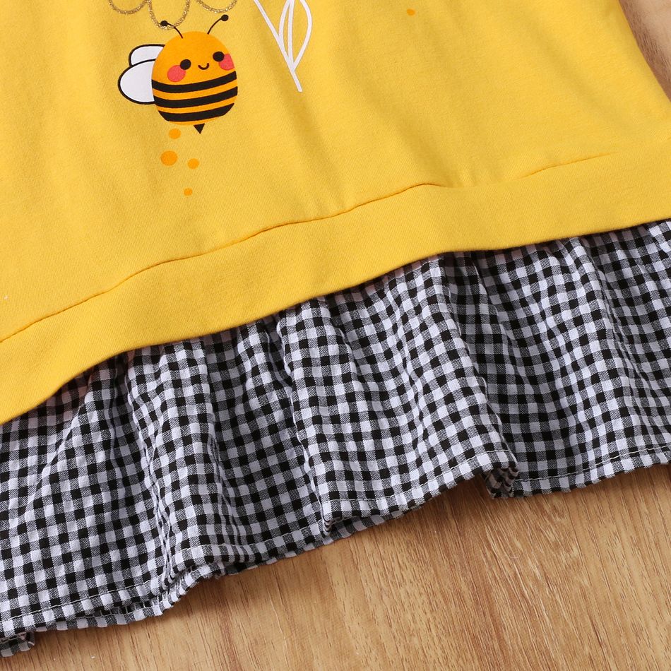 2-piece Toddler Girl Bee Embroidered Splice Plaid Hem Sweatshirt and Dark Blue Pants Set Yellow big image 4