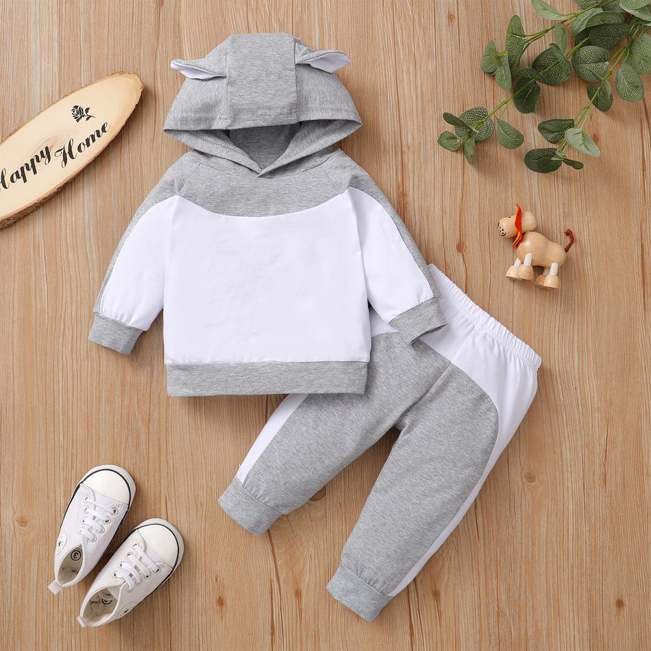 2-piece Baby Girl/Boy Colorblock Ear Design Hoodie Sweatshirt and Pants Set Grey