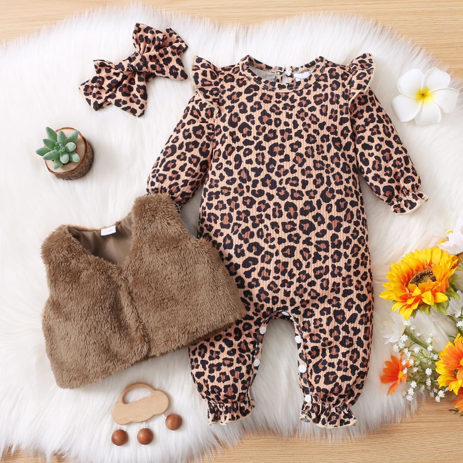 3pcs Baby All Over Leopard Long-sleeve Jumpsuit and Fuzzy Fleece Vest Set Khaki big image 4