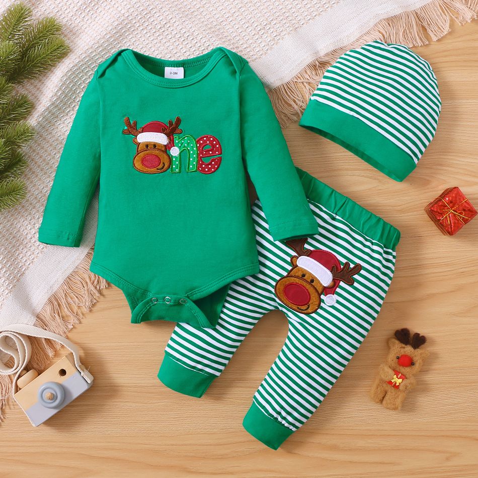 Christmas 3pcs Cartoon Reindeer Embroidered Solid Long-sleeve Romper and Striped Trousers Set Green big image 2