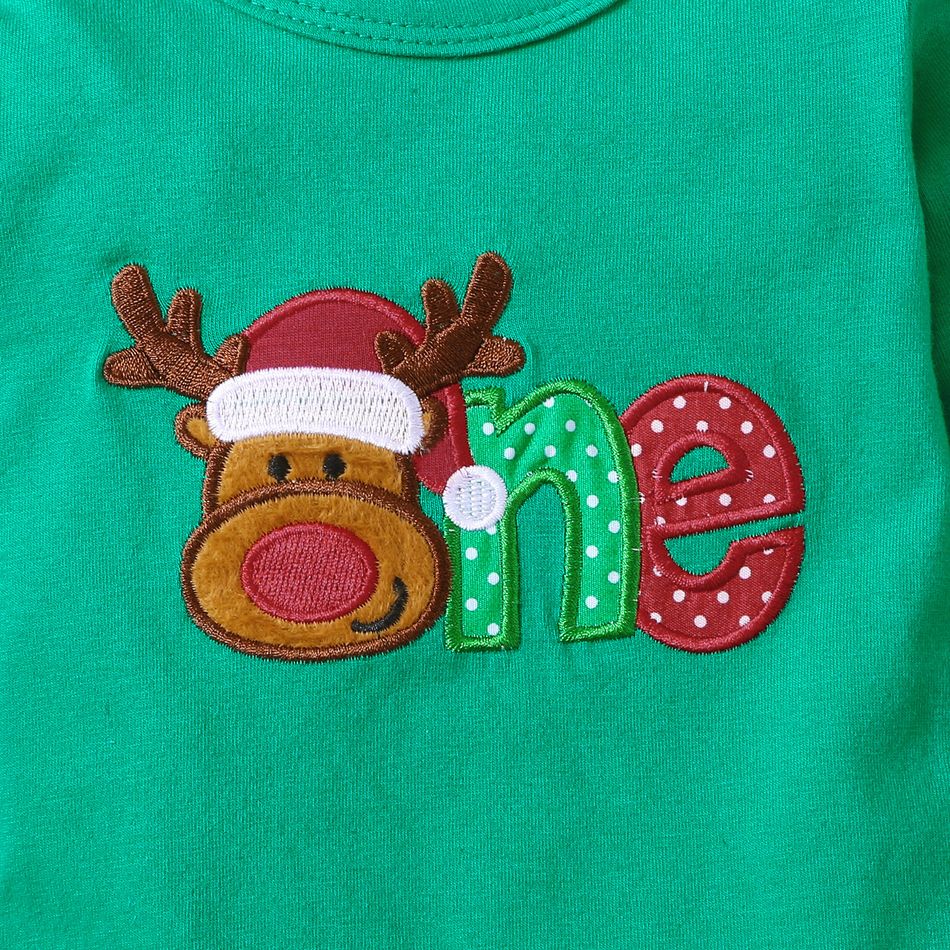 Christmas 3pcs Cartoon Reindeer Embroidered Solid Long-sleeve Romper and Striped Trousers Set Green big image 5