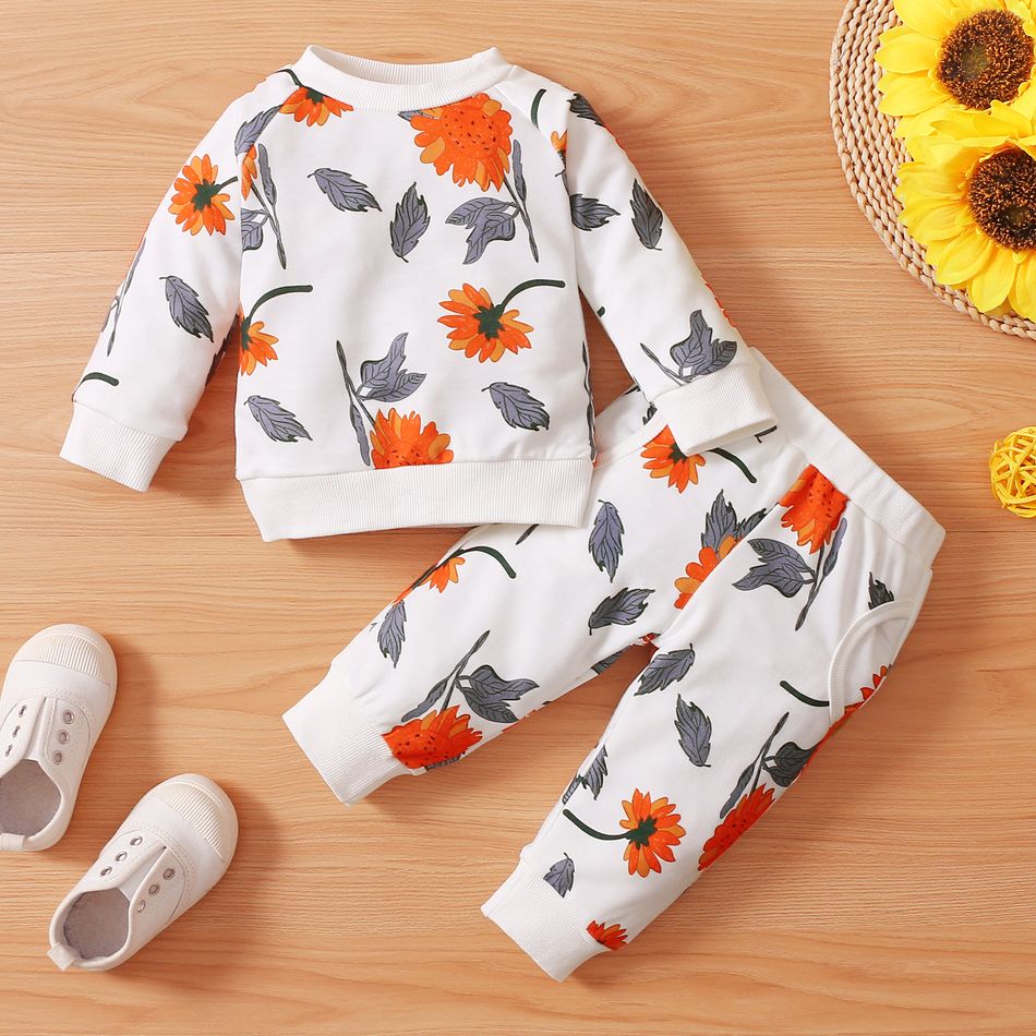 2-piece Toddler Girl Floral Print Pullover Sweatshirt and Elasticized Pants Set White