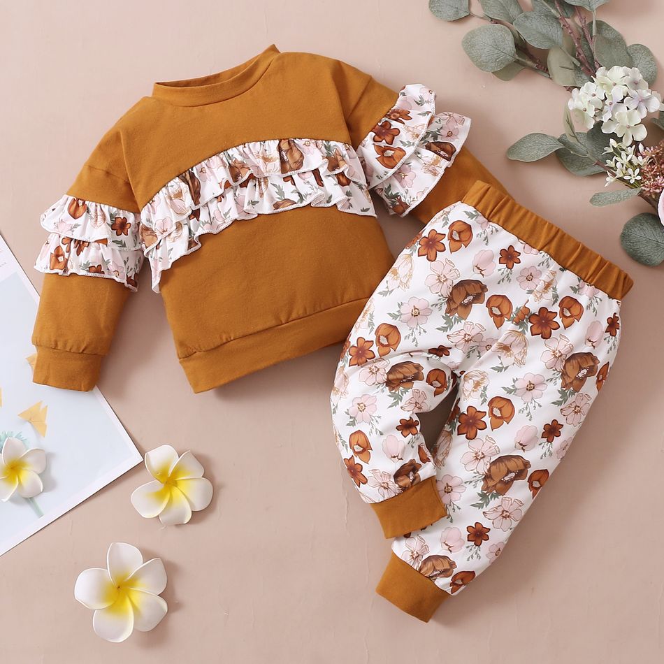 2-piece Toddler Girl Ruffled Floral Print Pullover Sweatshirt and Elasticized Pants Set Ginger