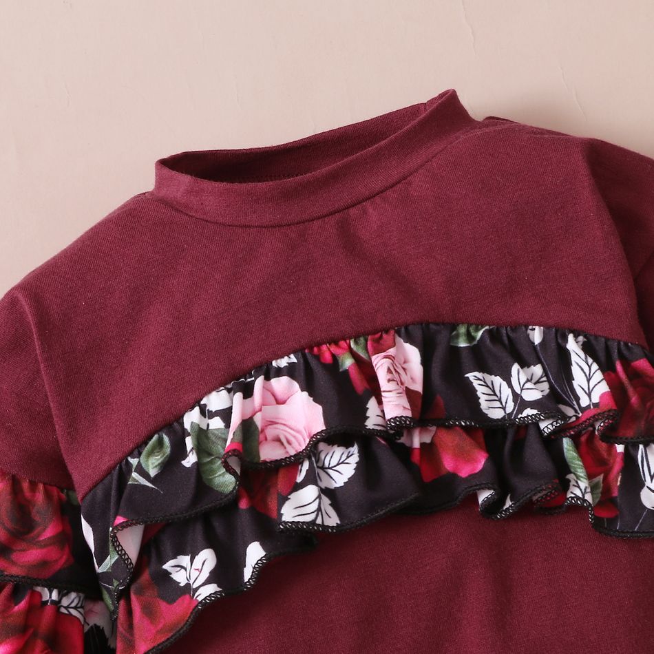 2-piece Toddler Girl Ruffled Floral Print Pullover Sweatshirt and Elasticized Pants Set Burgundy big image 3