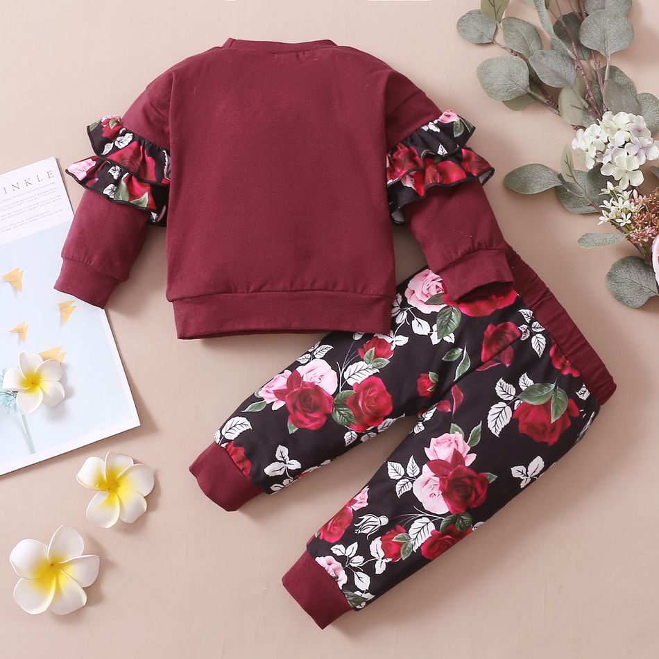 2-piece Toddler Girl Ruffled Floral Print Pullover Sweatshirt and Elasticized Pants Set Burgundy big image 2