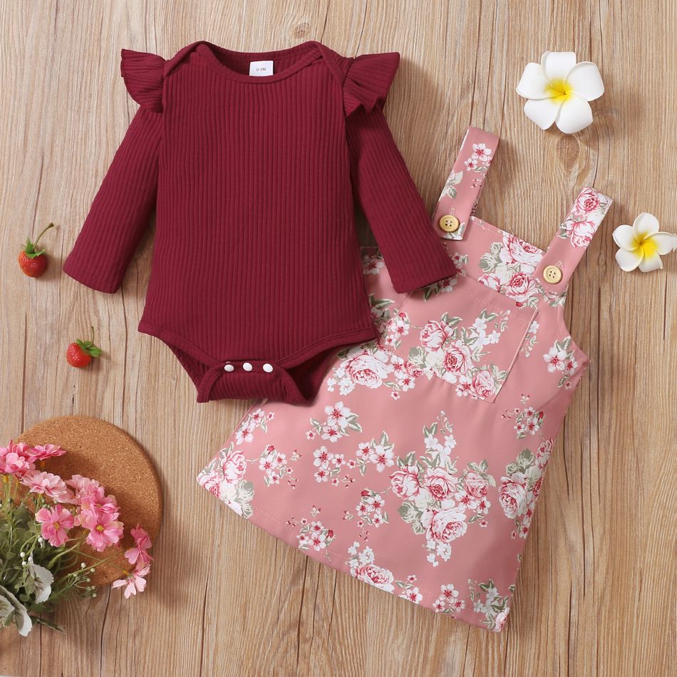 2-piece Baby Girl Ruffled Ribbed Long-sleeve Romper and Floral Print Overall Dress Set Burgundy