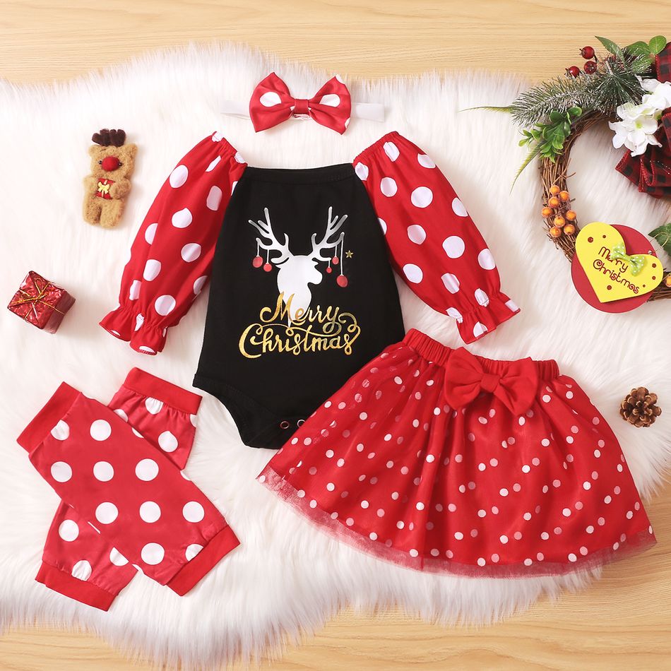 3-piece Baby Girl Christmas Letter Deer Print Polka dots Square Neck Long-sleeve Romper, Suspender Skirt and Headband Set Red