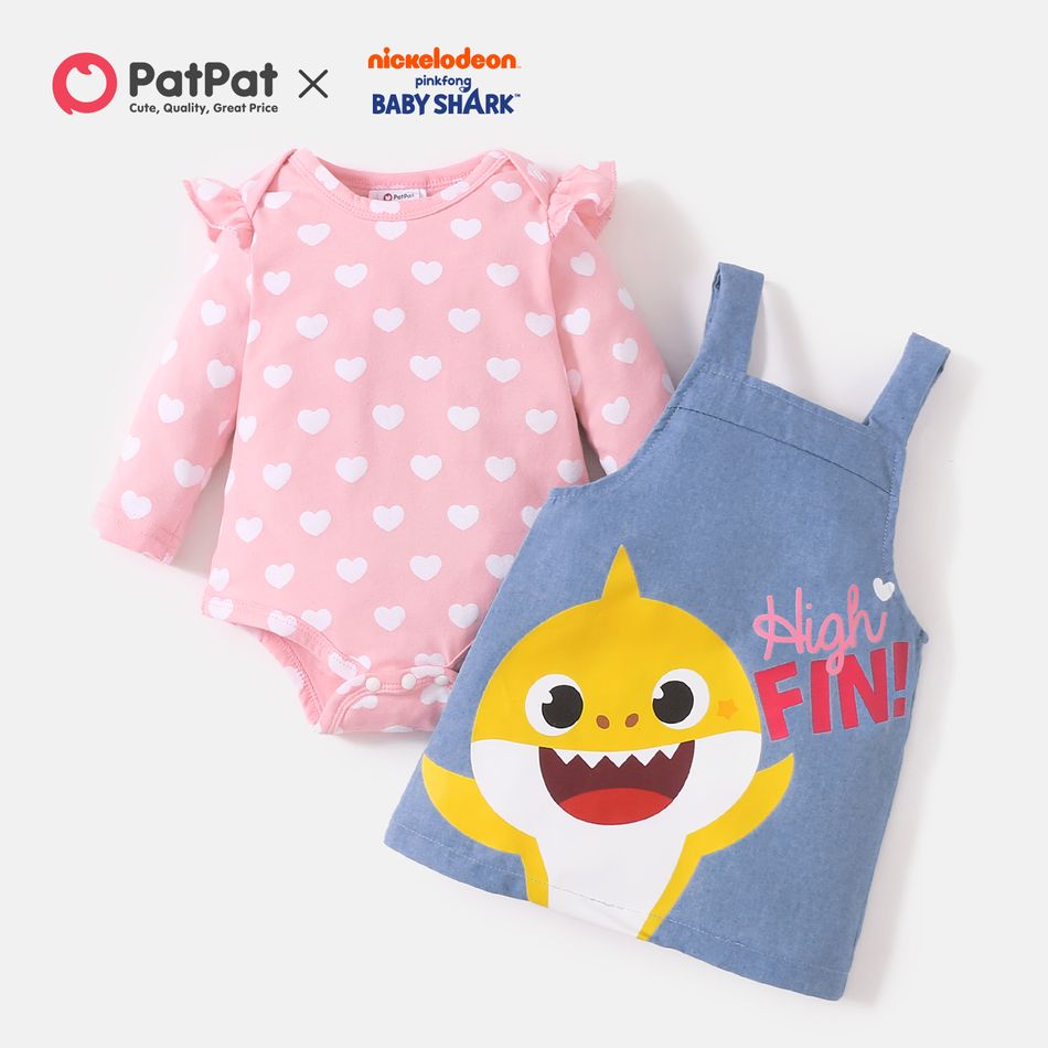 Baby Shark 2pcs Baby Girl Flounce Heart Allover Print Bodysuit and Graphic Denim Tank Dress Multi-color