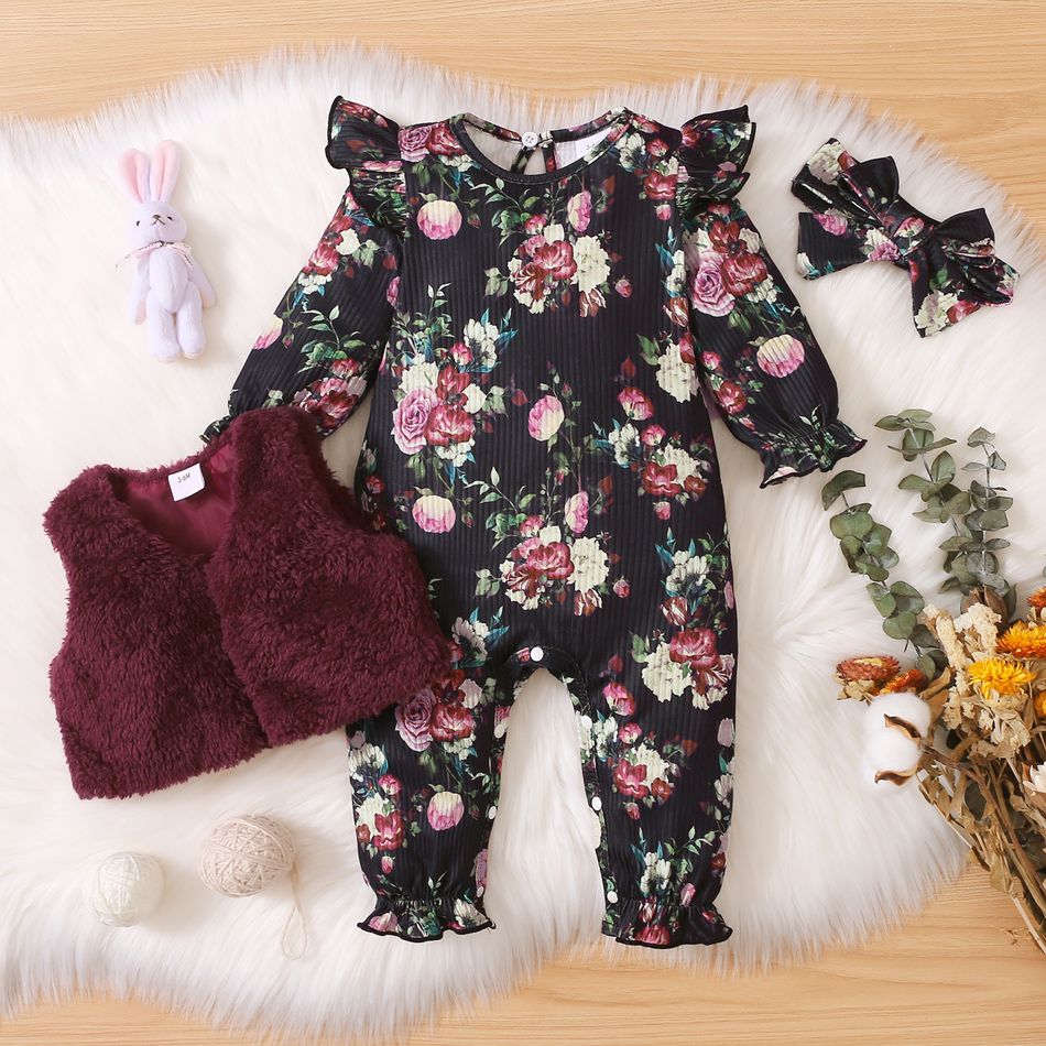 3pcs Baby Girl Floral Print Ribbed Long-sleeve Ruffle Jumpsuit and Fuzzy Fleece Vest Set Burgundy