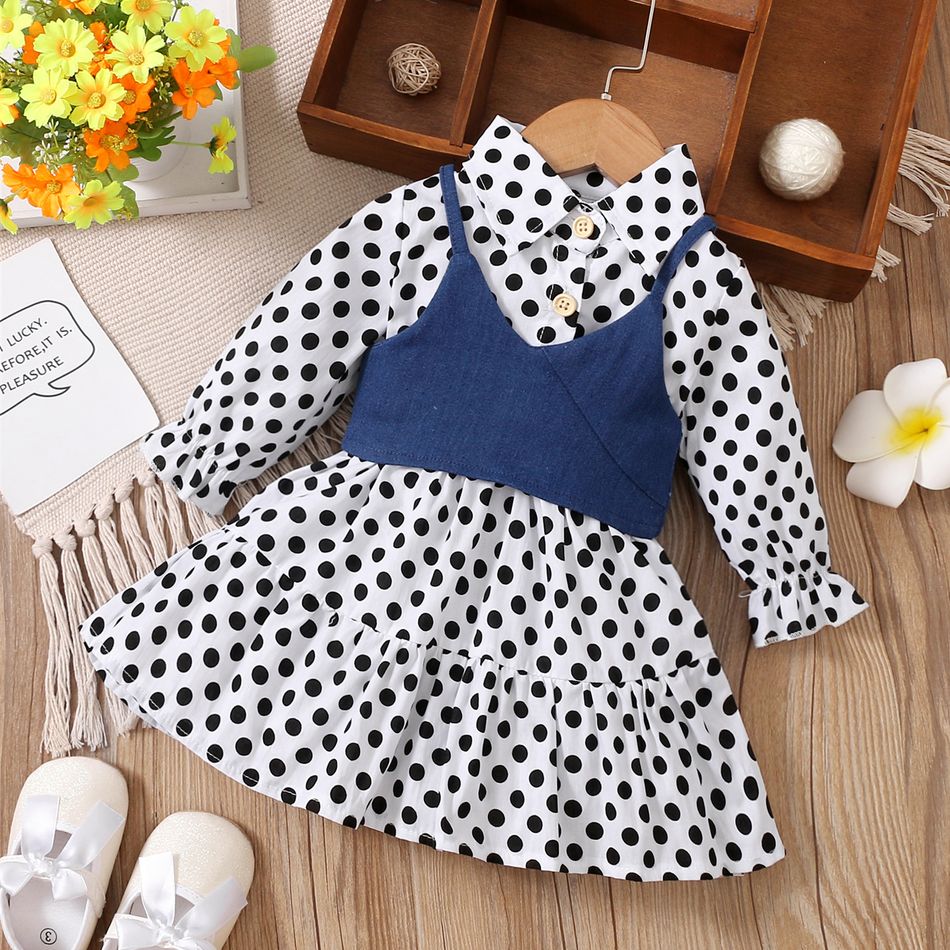 100% Cotton 2pcs Baby Girl Polka Dots Long-sleeve Dress and Denim Cami Top Set White