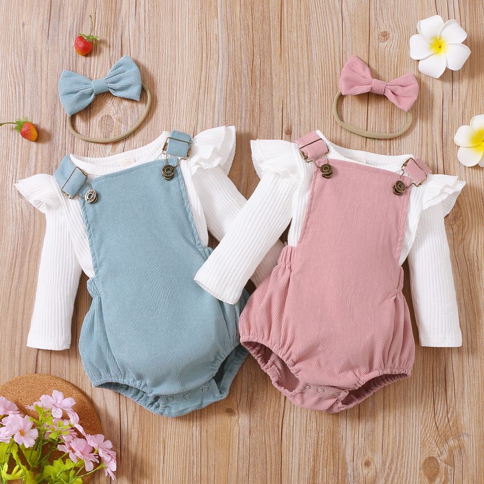 3pcs Baby Girl Solid Ribbed Ruffle Sleeve Top and Overall Shorts with Headband Set Pink
