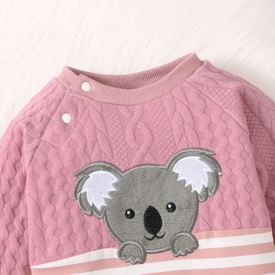 Baby Girl Koala Pattern Pink Long-sleeve Splicing Striped Jumpsuit Pink big image 3