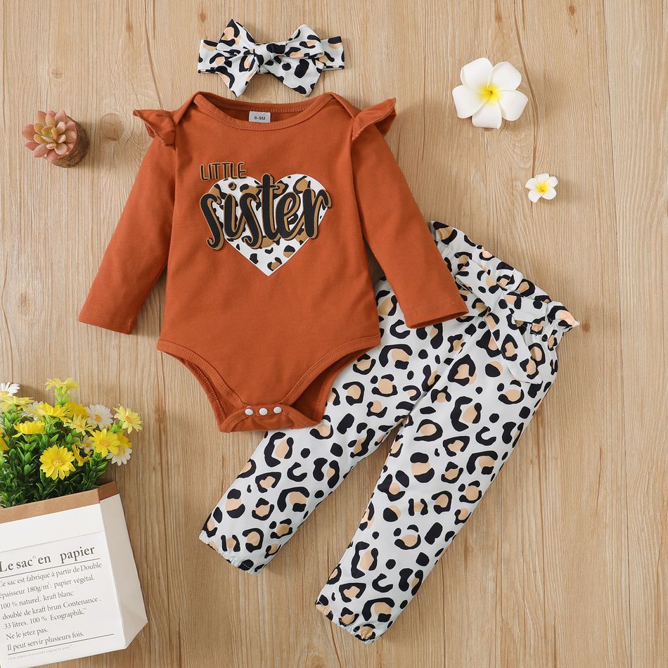 3pcs Baby Girl Letter Print Long-sleeve Romper and Leopard Trousers with Headband Set Multi-color