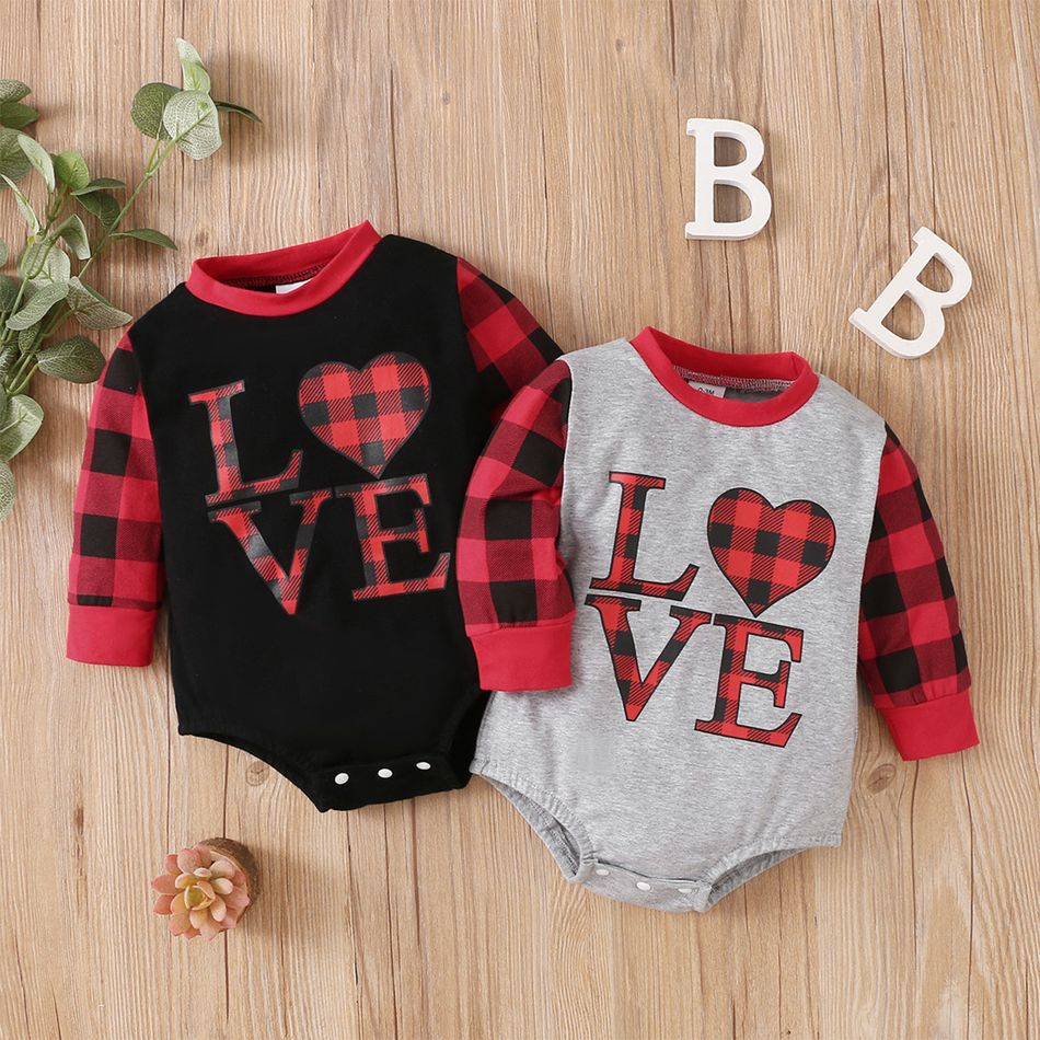 Mother's Day Baby Boy Plaid Love Heart and Letter Print Long-sleeve Romper Light Grey big image 2