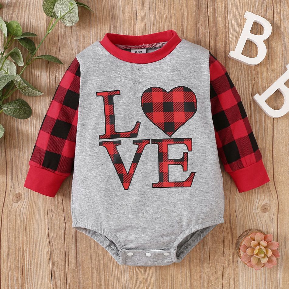 Mother's Day Baby Boy Plaid Love Heart and Letter Print Long-sleeve Romper Light Grey big image 1