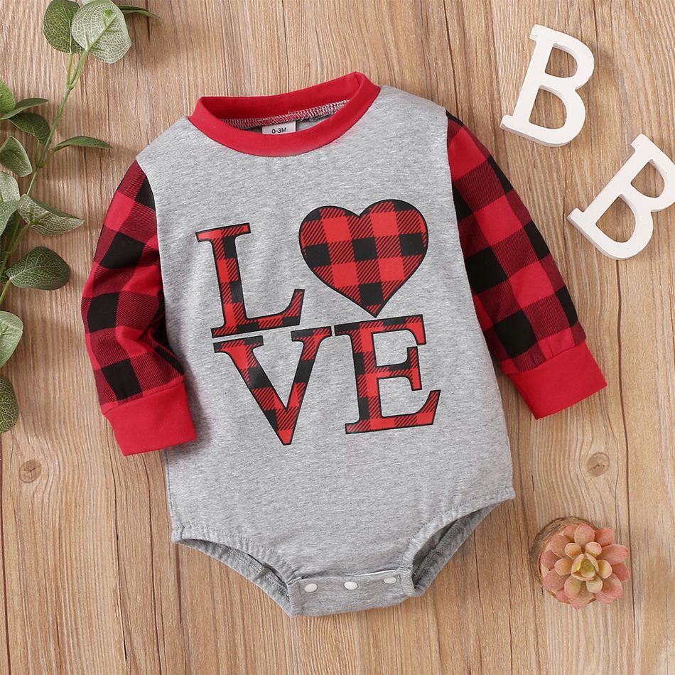 Mother's Day Baby Boy Plaid Love Heart and Letter Print Long-sleeve Romper Light Grey big image 3
