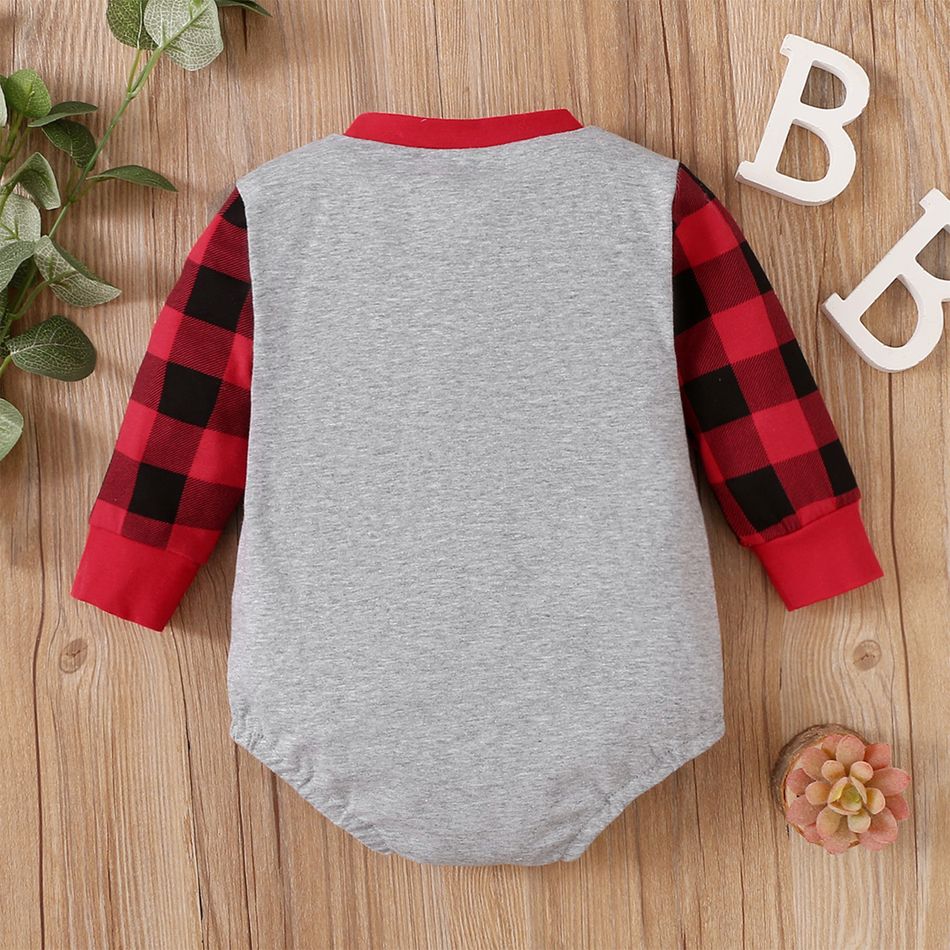 Mother's Day Baby Boy Plaid Love Heart and Letter Print Long-sleeve Romper Light Grey big image 4