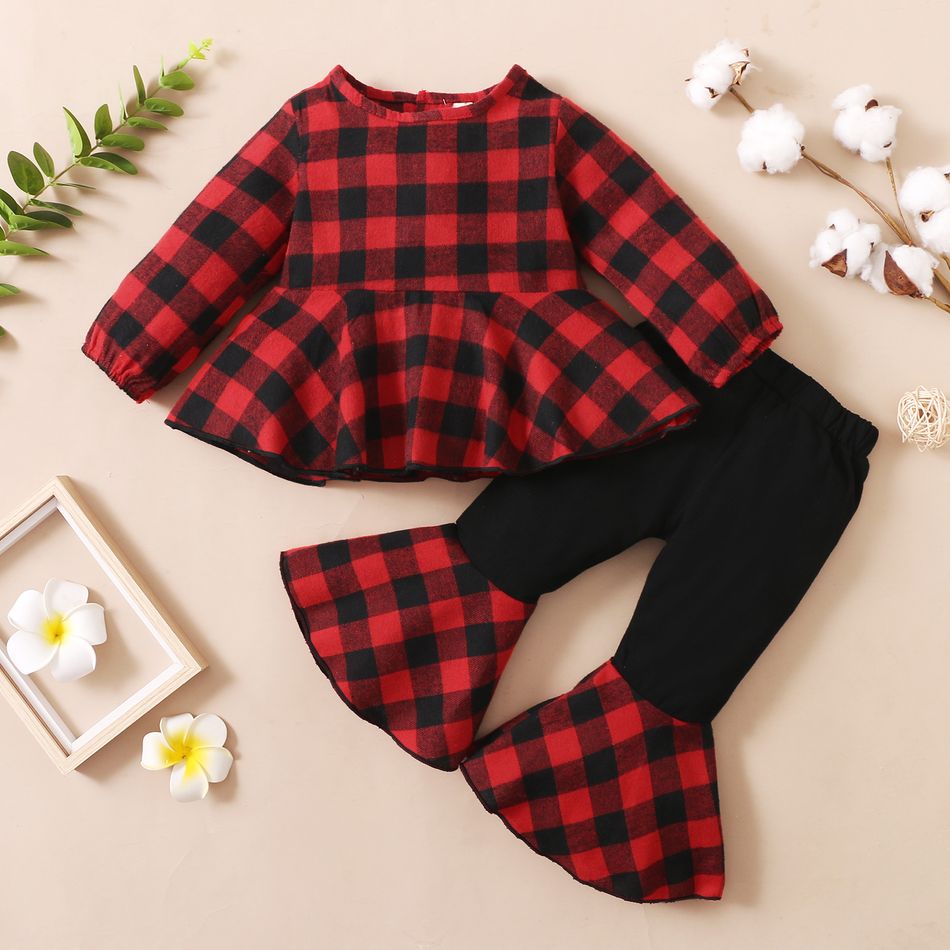 2-piece Toddler Girl Plaid Long-sleeve Peplum Top and Colorblock Flared Pants Set Red