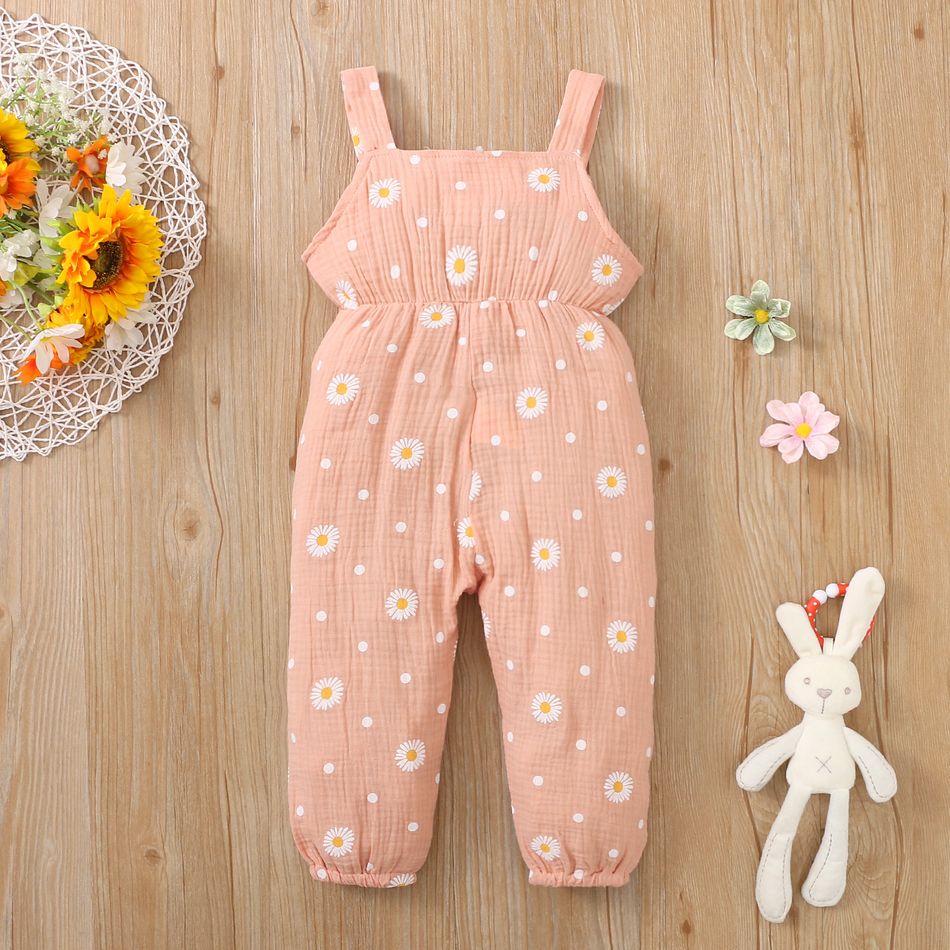 Toddler Girl 100% Cotton Floral Print Bowknot Design Sleeveless Jumpsuit Pink big image 5