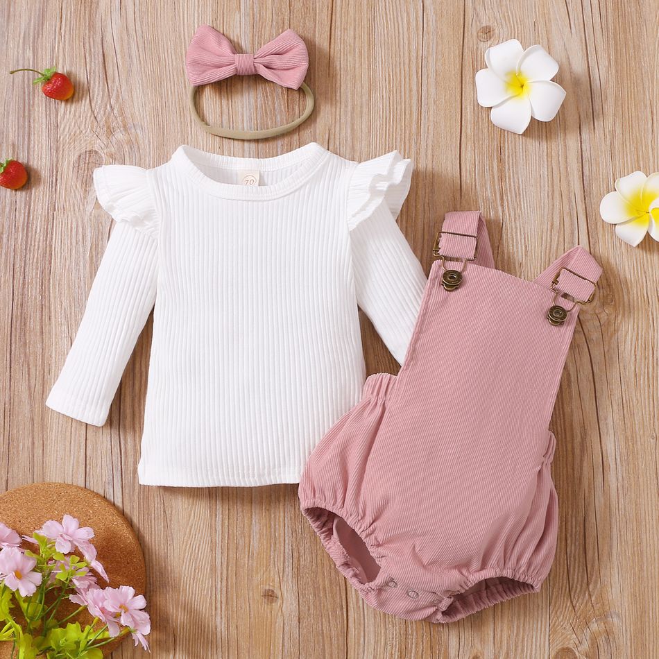 3pcs Baby Girl Solid Ribbed Ruffle Sleeve Top and Overall Shorts with Headband Set Pink big image 2