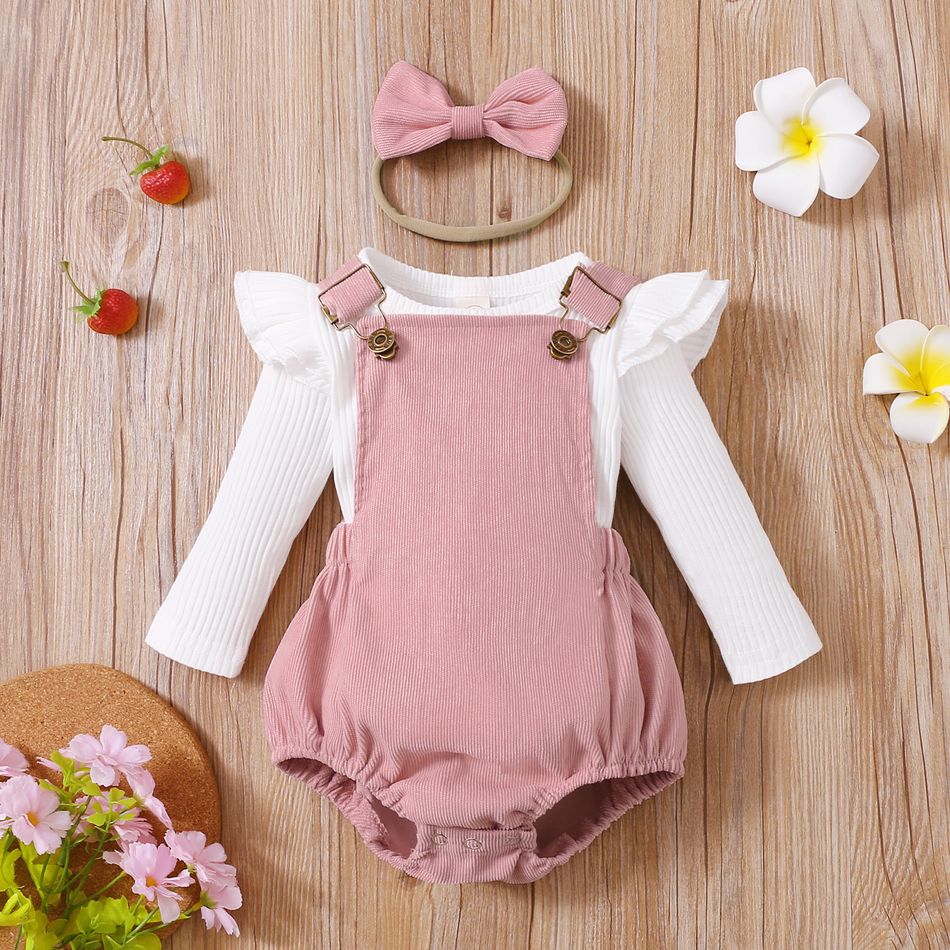 3pcs Baby Girl Solid Ribbed Ruffle Sleeve Top and Overall Shorts with Headband Set Pink