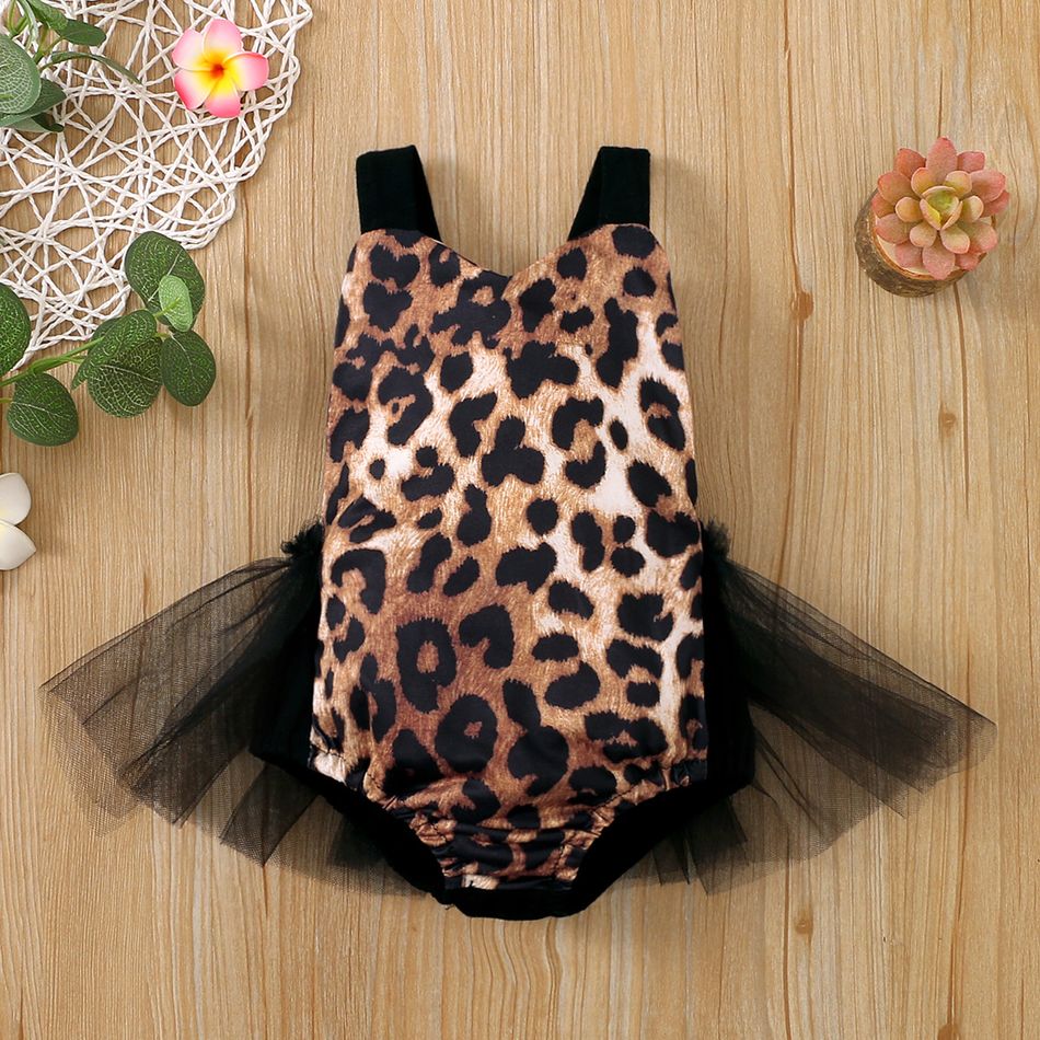 Baby Girl Black Mesh Splicing Leopard Sleeveless Romper Black