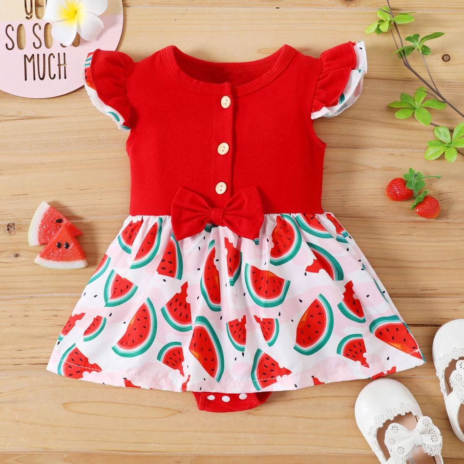 Baby Girl Button Design Red Flutter-sleeve Splicing Watermelon Print Romper Dress Red