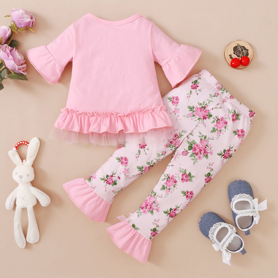 2pcs Baby Girl 95% Cotton Bell Sleeve Letter Print Ruffle Top and Floral Print Leggings Set Pink big image 3