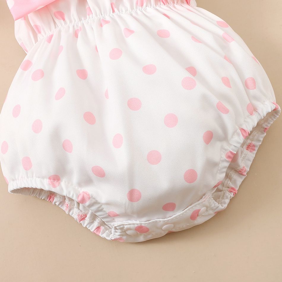 2pcs Baby Girl Allover Dots Bowknot Sleeveless Spaghetti Strap Romper with Headband Set Pink big image 5