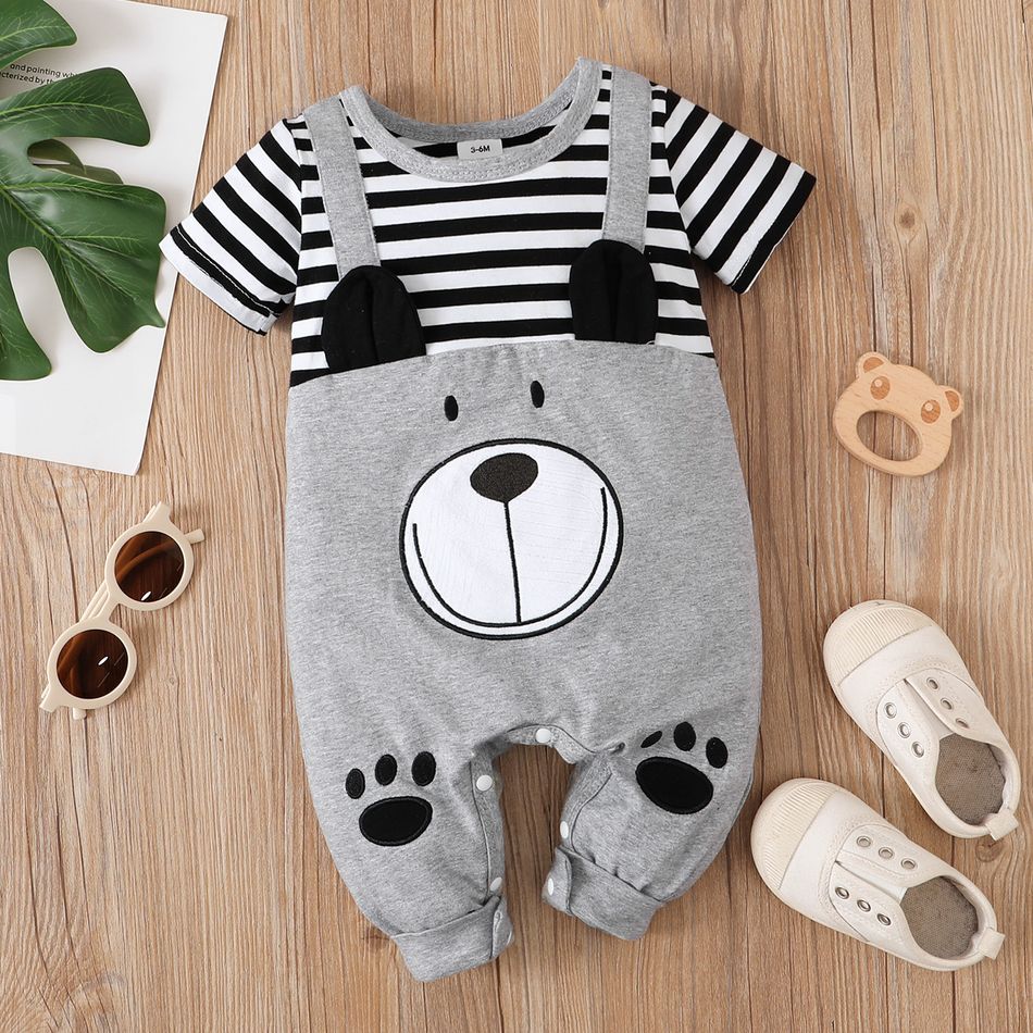 Baby Boy 95% Cotton Striped Short-sleeve Splicing Cartoon Bear Print Jumpsuit Grey