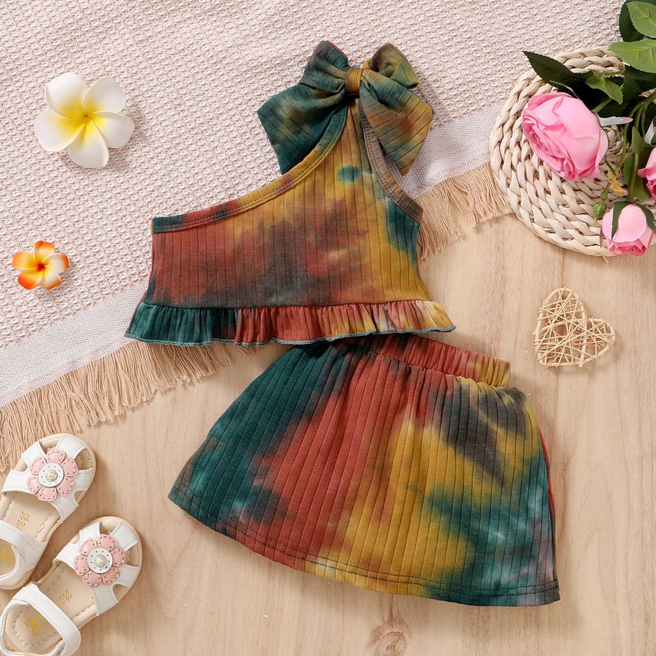 2pcs Toddler Girl Tie Dyed Bowknot Design One Shoulder Tee and Skirt Set Multi-color